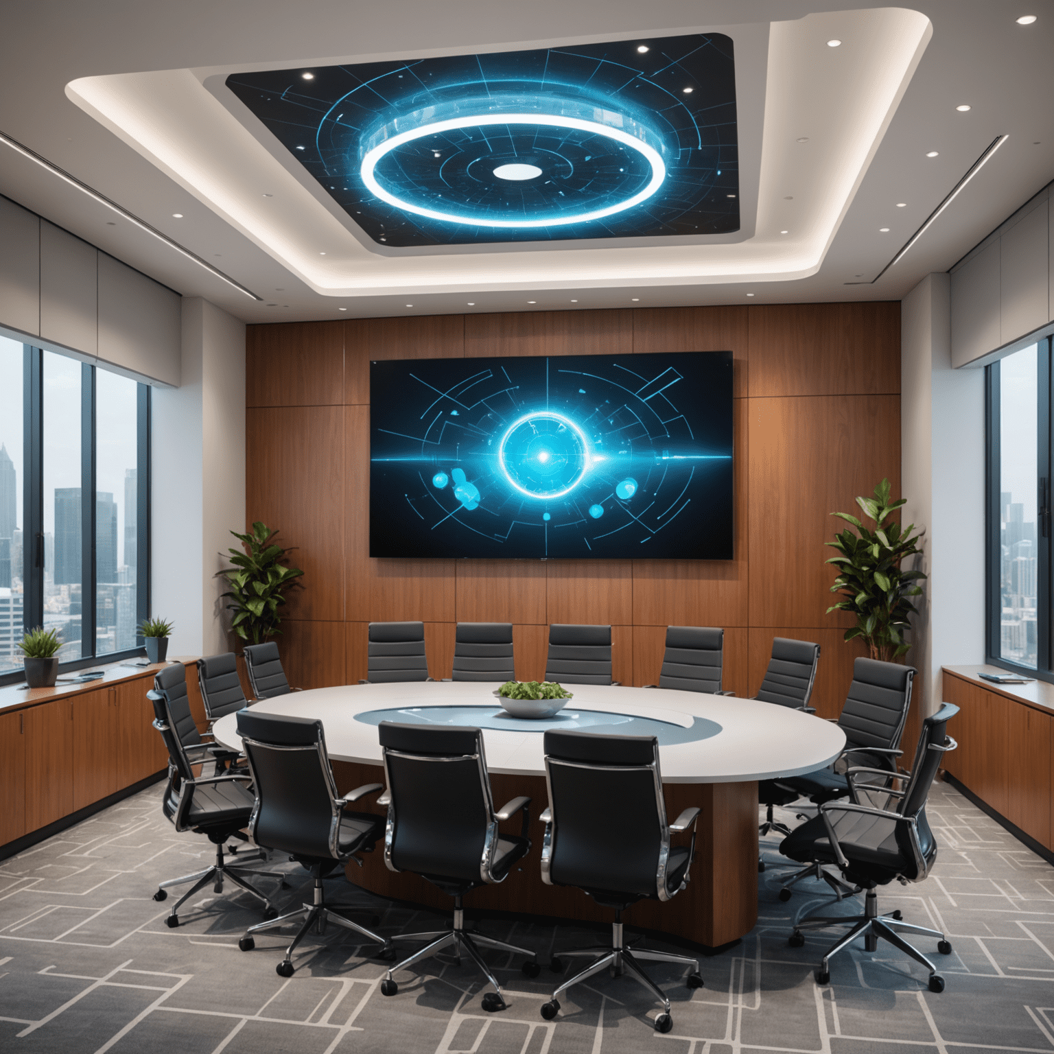A modern conference room with cutting-edge technology, including holographic displays and interactive touchscreens, showcasing innovative event planning solutions