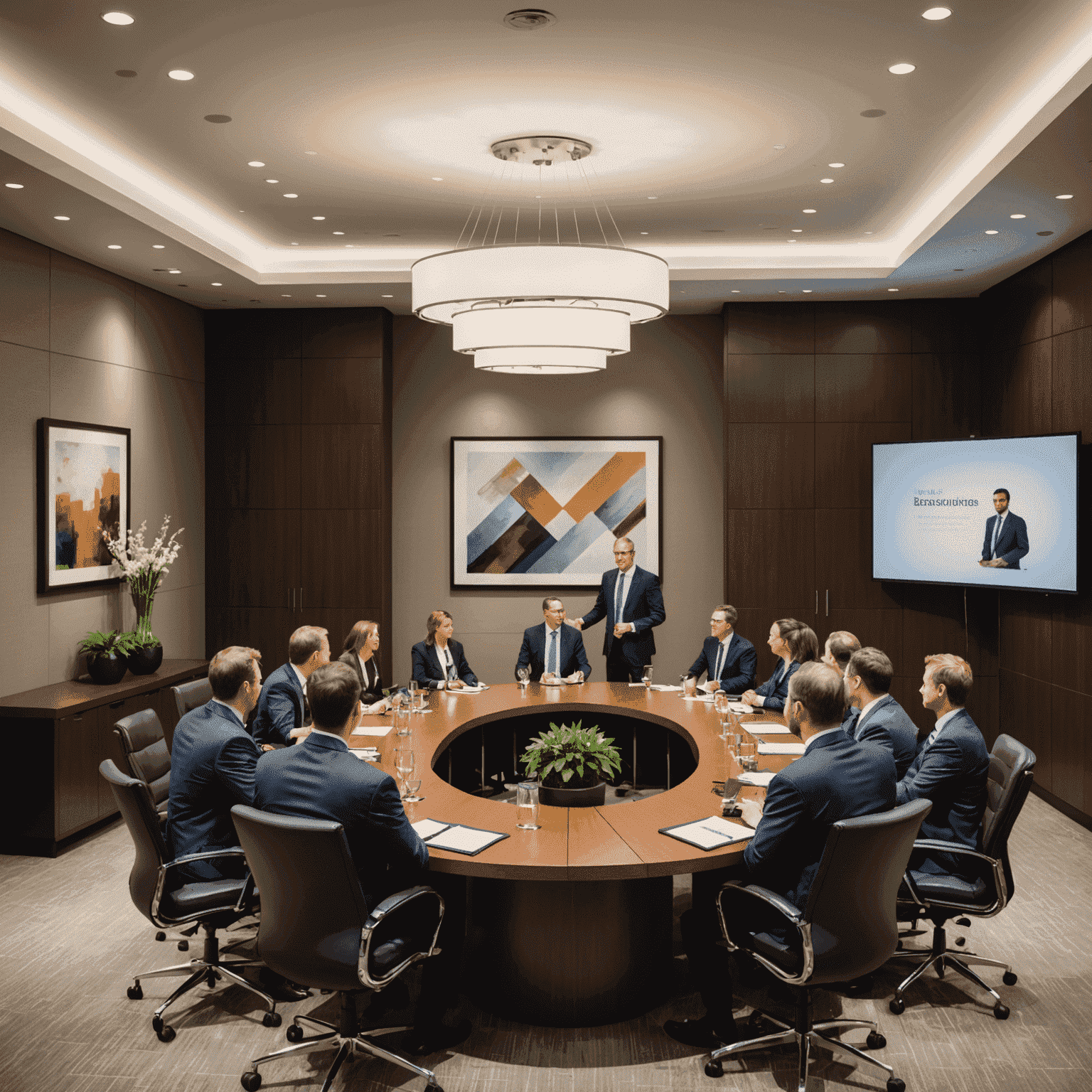 Corporate event with executives networking in a modern conference room, showcasing strategic event planning