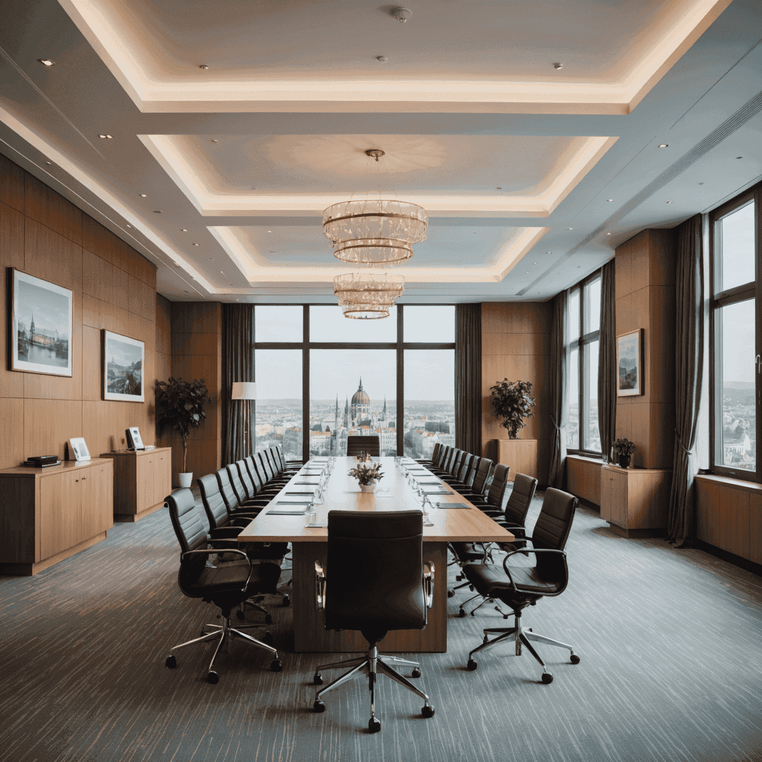 A sophisticated conference room with panoramic views of Budapest, showcasing modern amenities and elegant decor suitable for high-level corporate events