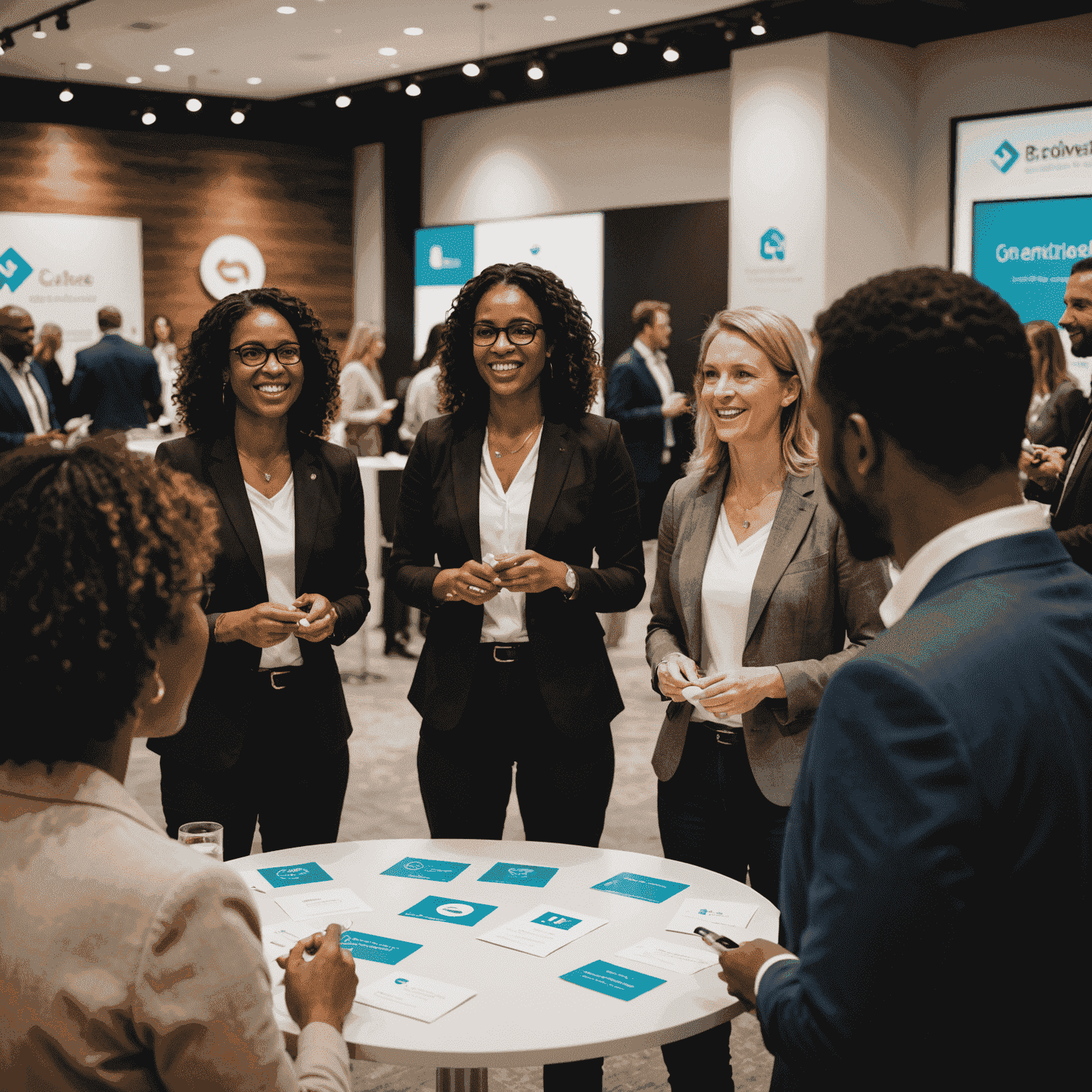 A diverse group of professionals engaged in animated conversation at a networking event. The image shows a modern, well-lit space with small groups forming and business cards being exchanged. There's a subtle backdrop featuring our company logo.