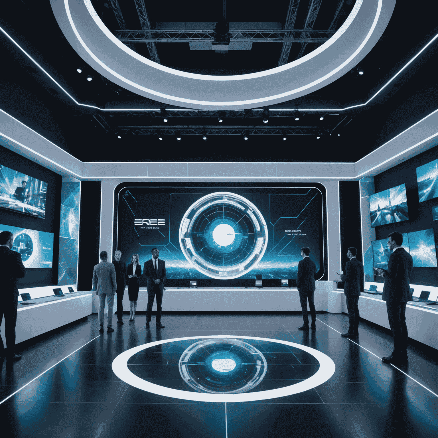 A futuristic event space with holographic displays, interactive touchscreens, and attendees engaging with various high-tech gadgets. The image showcases cutting-edge technology seamlessly integrated into a corporate event setting.