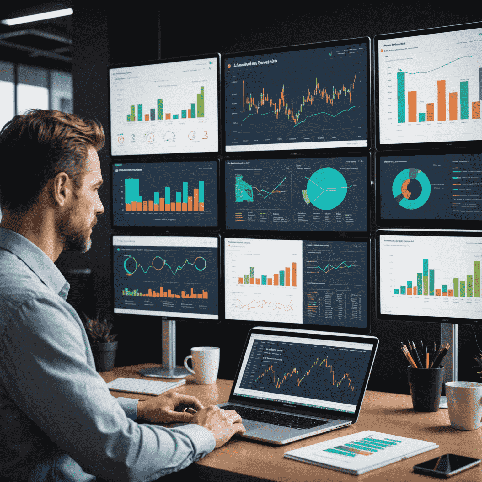 A professional analyst reviewing event data on multiple screens, showcasing graphs, charts, and attendee feedback. The image conveys a sense of thorough analysis and strategic insights.