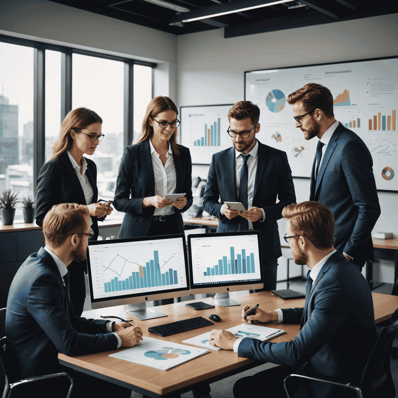 Business professionals discussing growth strategies in a modern office setting, with charts and graphs visible on screens