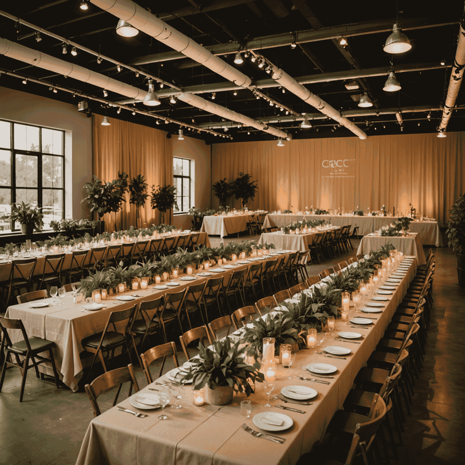 A sustainable event setup featuring recycled materials, energy-efficient lighting, and plant-based catering options, demonstrating eco-friendly corporate event planning