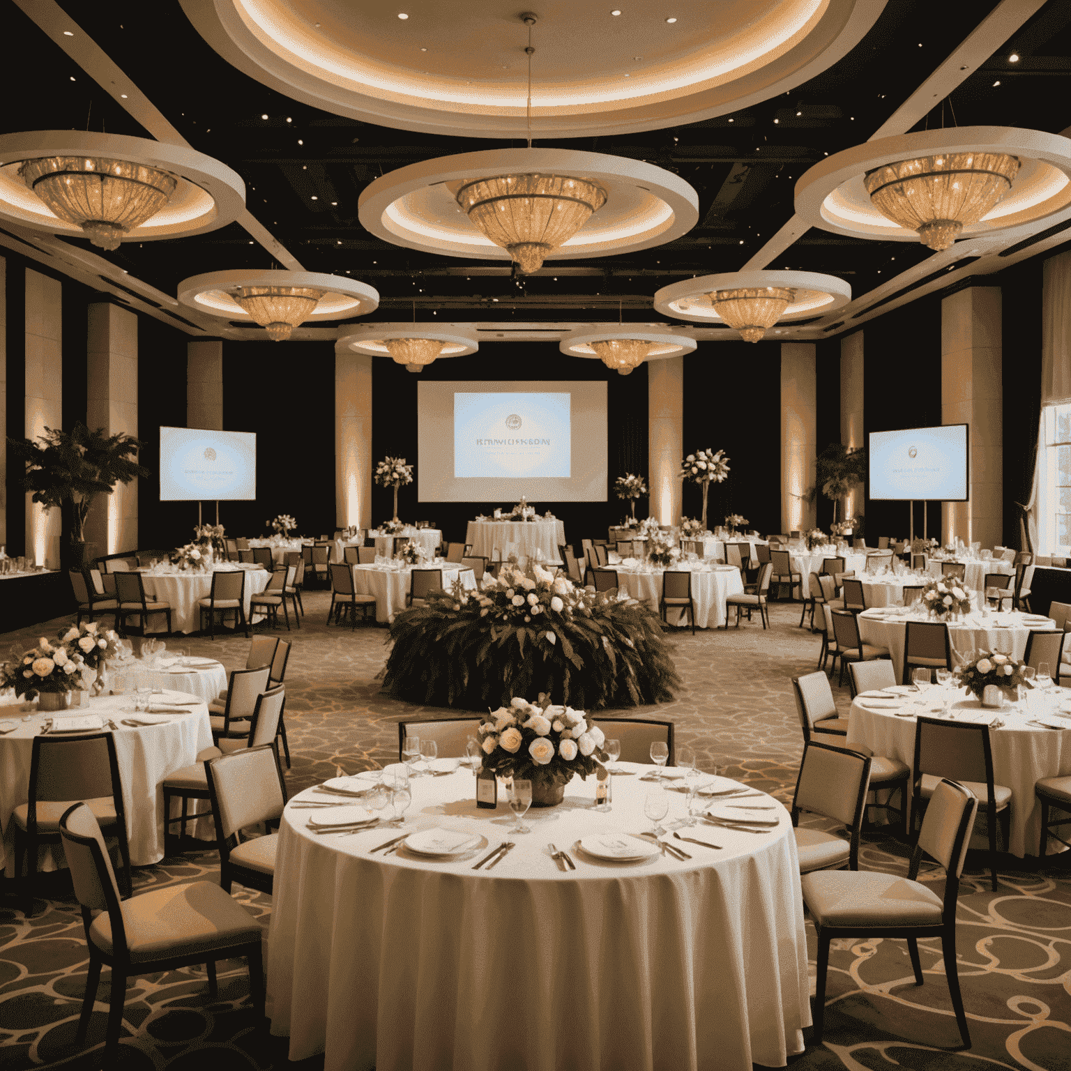 Elegant corporate event setup with branded elements and networking areas
