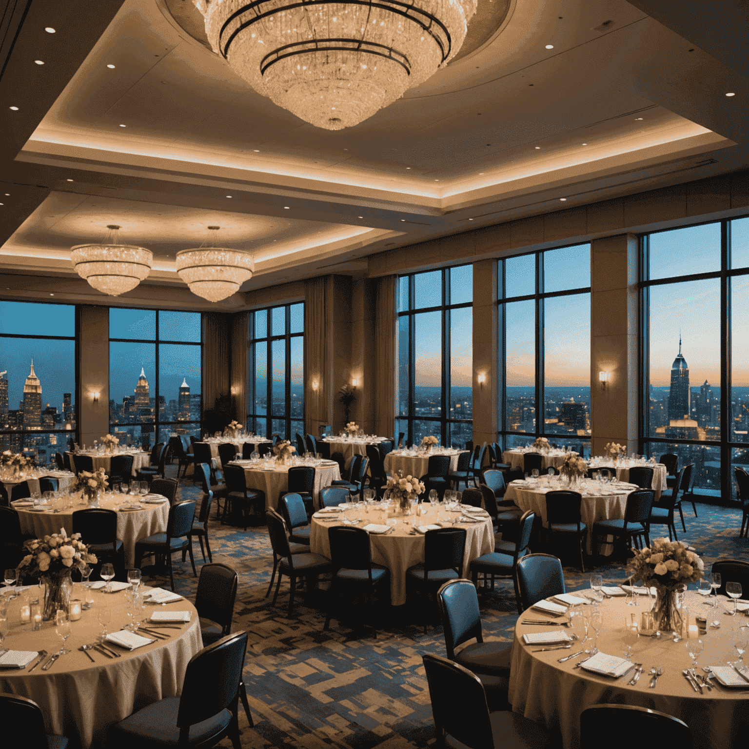A collage of diverse event venues, including a rooftop terrace with city views, a high-tech auditorium, and an elegant ballroom, showcasing the variety of options available for corporate events