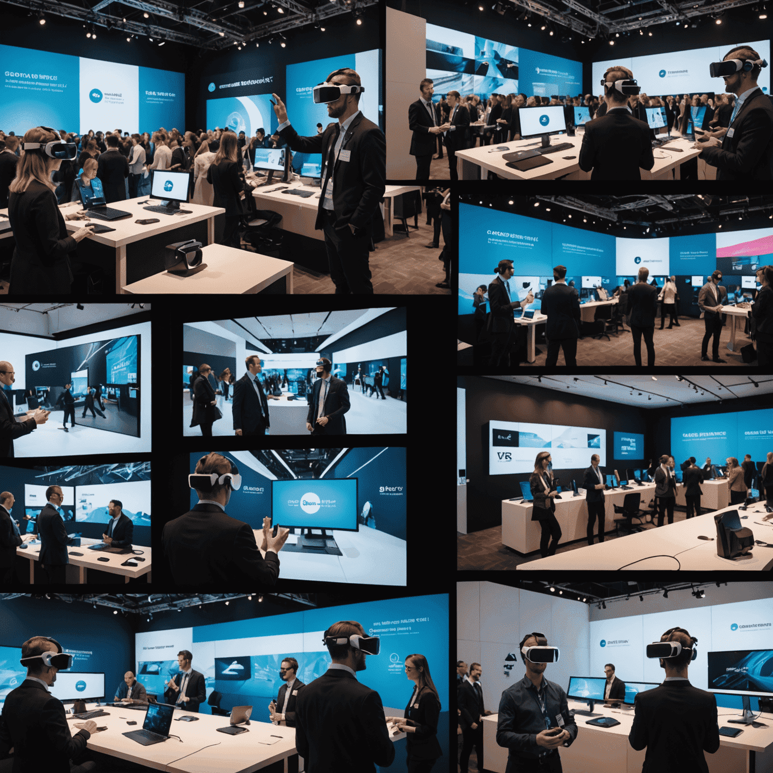 A collage showcasing various high-tech event solutions in action, including attendees using VR headsets, interacting with large touchscreens, and engaging in AI-powered networking sessions at a sleek, modern corporate event venue.
