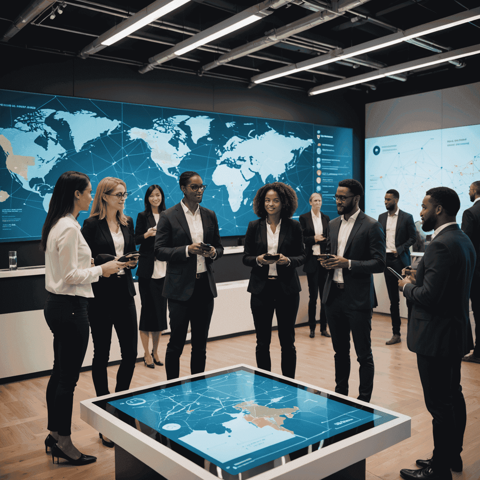 Diverse group of professionals engaged in networking at a high-tech event space with digital displays showing connection maps