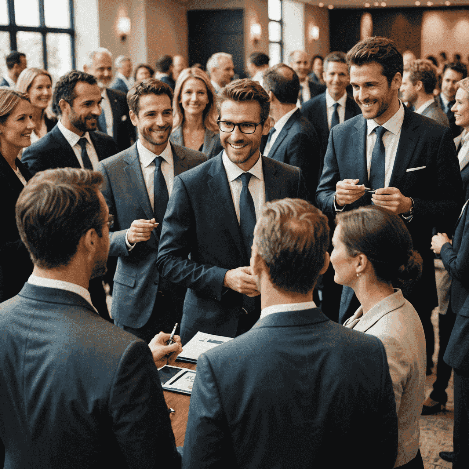 Business professionals engaging in animated networking discussions at a corporate event