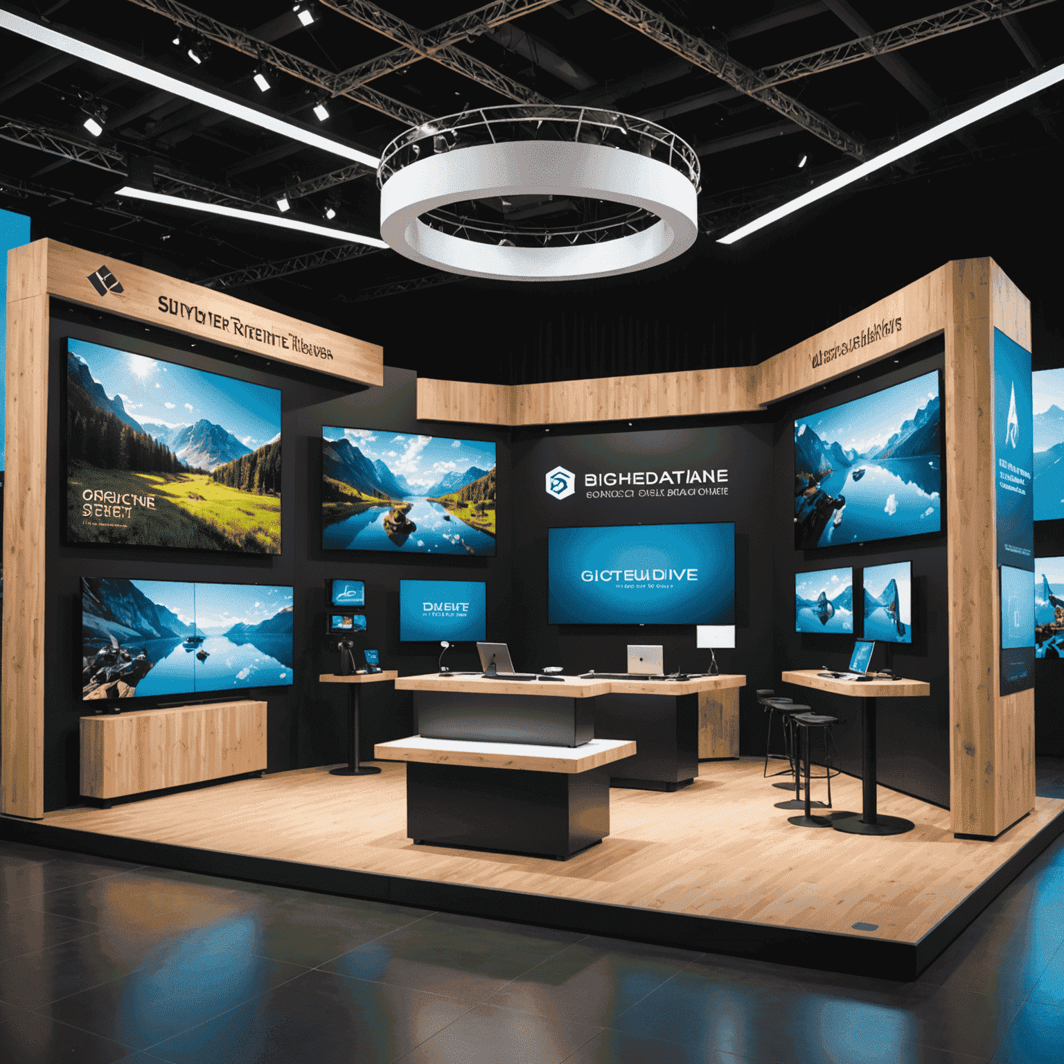 High-tech event setup with interactive displays and virtual reality stations