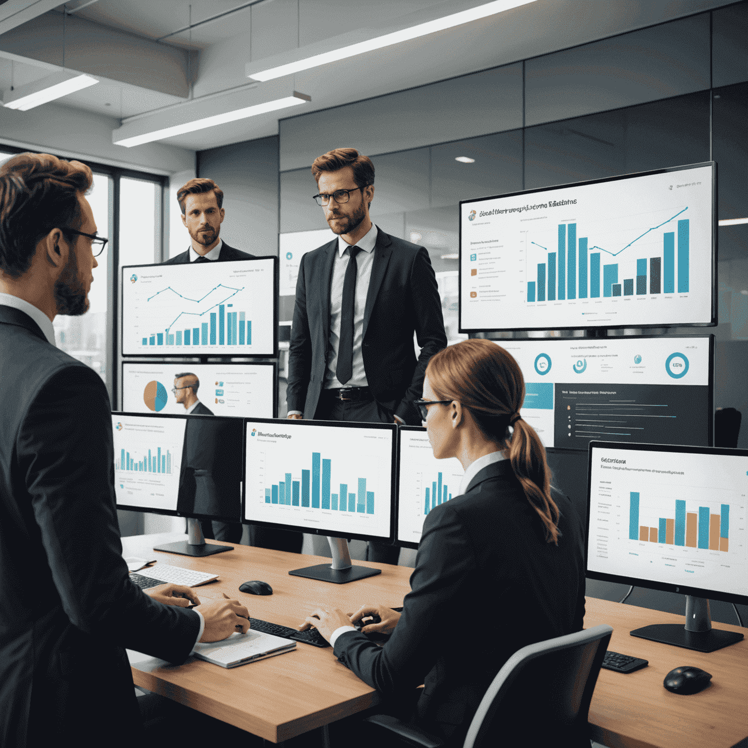 Team analyzing event data and metrics on large screens in a modern office setting